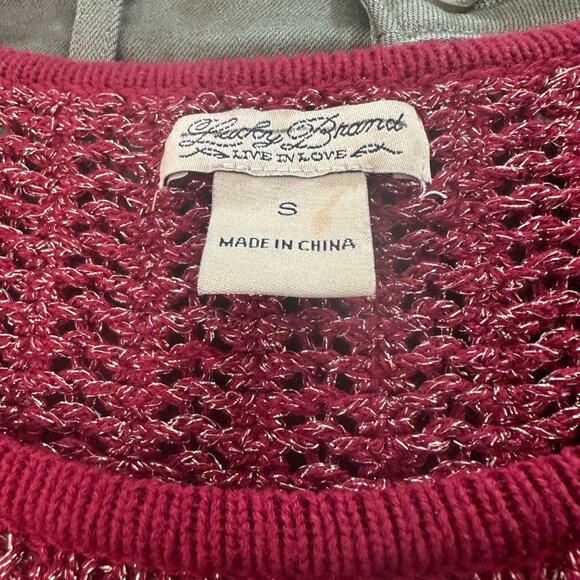 ✨Lucky Brand Sz S Women's Sweater Metallic Swing Open Weave Red gold Burgundy - Picture 3 of 6